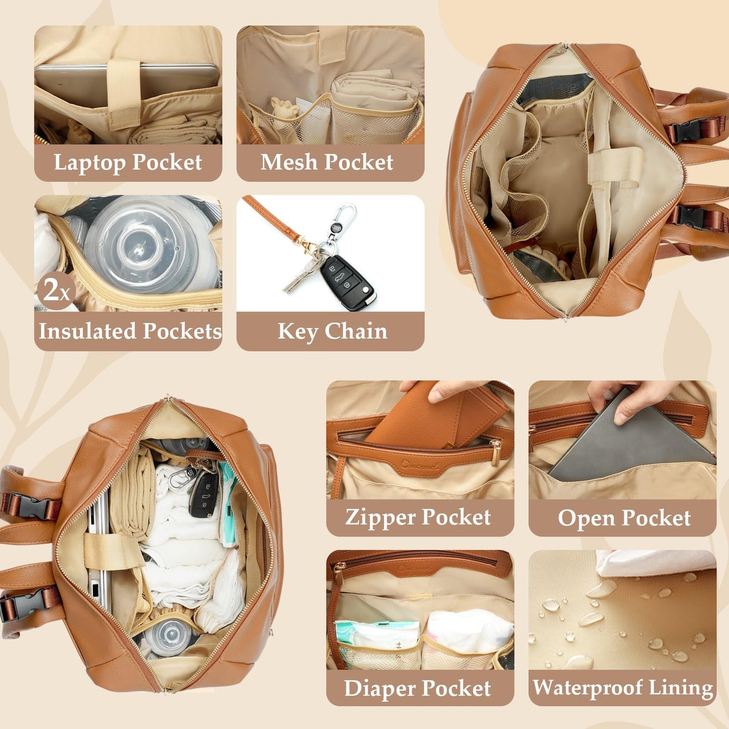 Omanmoli Diaper Bag Backpack Leather Backpack with 17 Pockets Travel Baby Diaper Bag,4 Insulated Pockets,Stroller Straps,Changing Pad,Brown