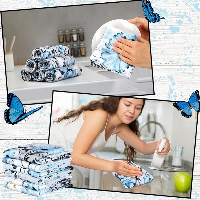 Breling Set of 6 Blue Daisy Kitchen Towel Vintage Themed Dish Towel Bathroom