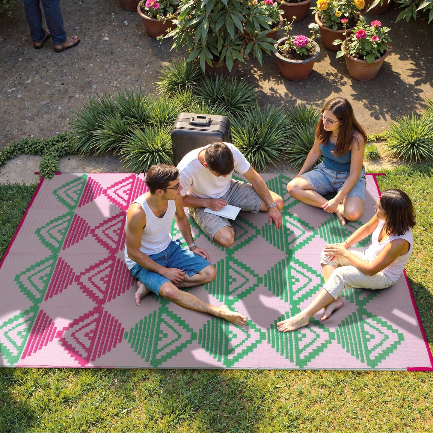 Lahome Waterproof Outdoor Rug 8x10, Reversible Outdoor Plastic Straw Rug for Patios, Outside RV Mat Carpet for Deck Porch Backyard Balcony Picnic Trailer (Pink/Green, 8' x 10')