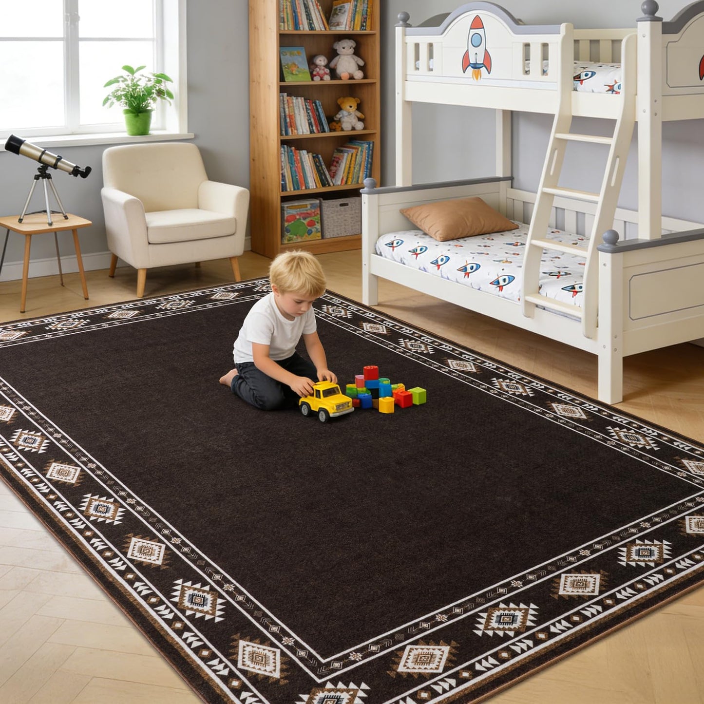 QDUIDU Large Area Rug for Bedroom Living Room, 5x7 Feet Ultra Soft Brown Rugs Washable Modern Geometric Bordered Non Slip Low Pile Carpets Home Decor
