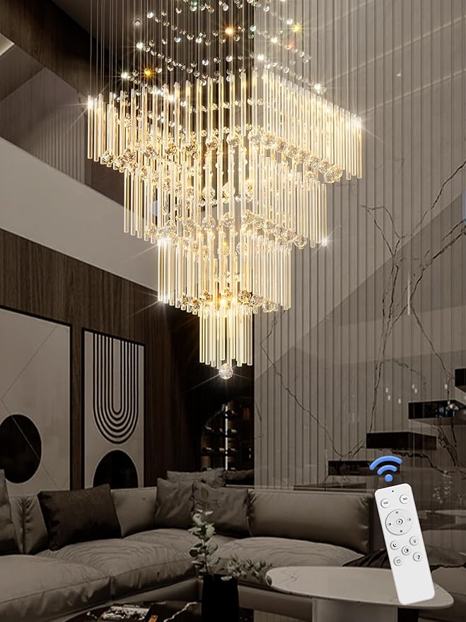 Flashing God D32''X H100'' Extra Large Chandeliers for High Ceilings Square Crystal Raindrop Gold Chandeliers Large Villa Chandelier Entrance Foyer Ceiling Light LED Dimmable 2700K-6000K