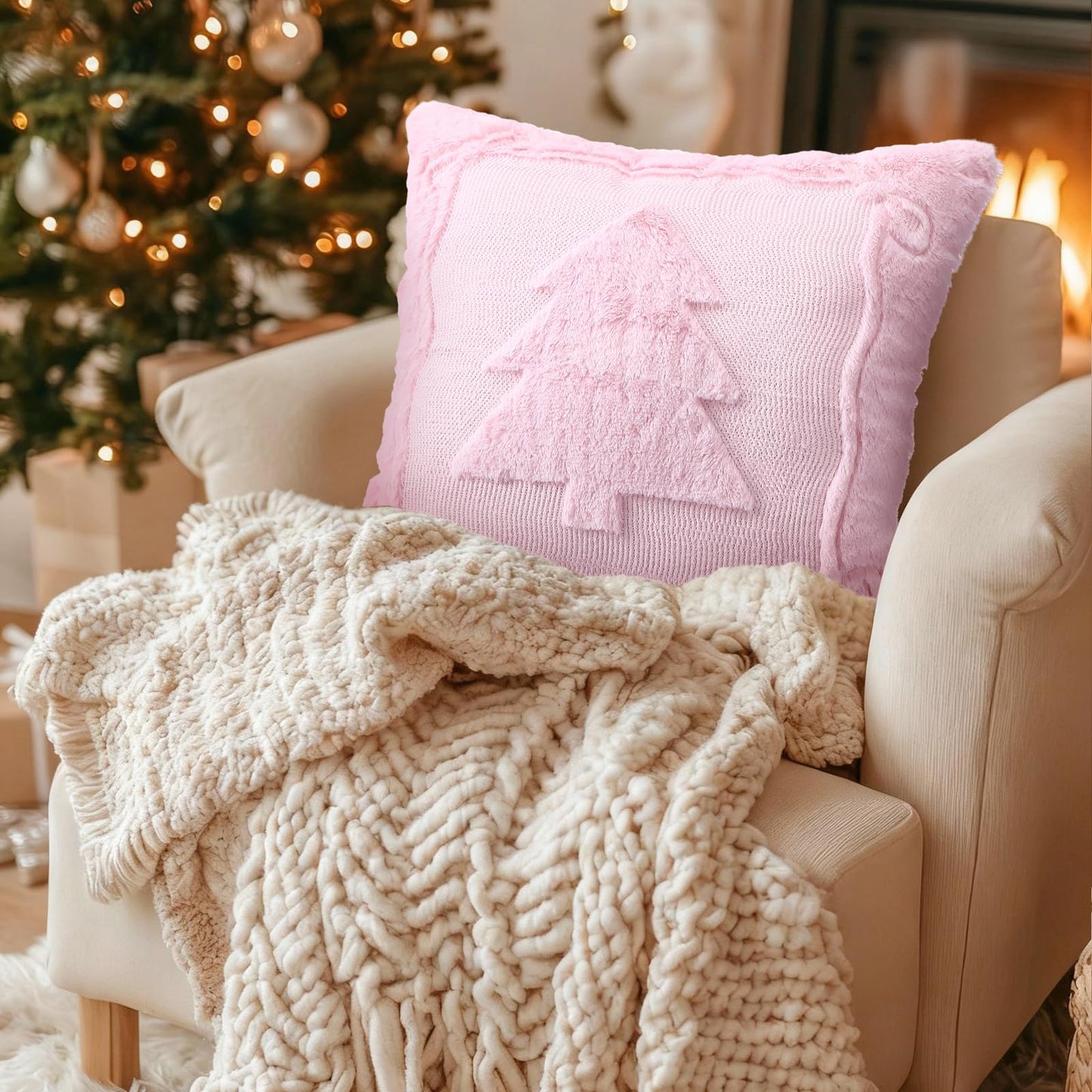 Remagr 2 Pack Christmas Tree Pink Pillow Covers 18 x 18 Inch Pink Bow Throw Pillow Covers Soft Plush Faux Fur Cushion Case for Christmas Bedroom Sofa Winter Home Holiday Decor