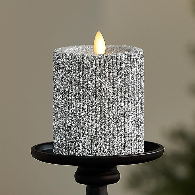 Luminara Brilliant Silver Glitter Ribbed Flameless LED Candle Moving Flame Pillar, Real Wax, Flat Top, Timer (3.25" x 4.5")