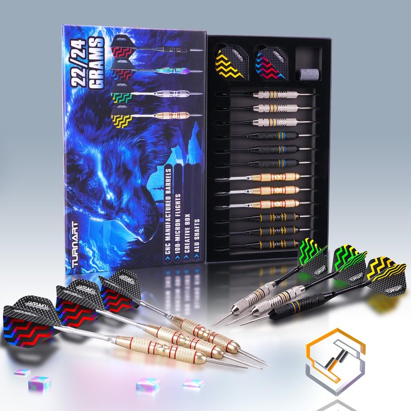 Turnart Darts Metal Tip Set - Steel Tip Darts Darts Set Professional Metal Darts Dart Board Set 12 Pcs 24 Gram 20 O-Rings Aluminum Darts Shafts 24 Extra Flights Darts Tool