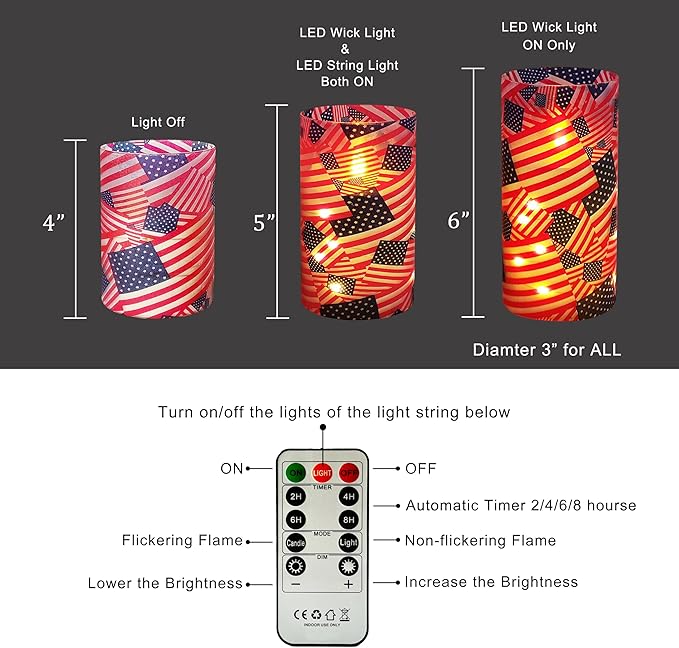 Flickering Flameless Candles Stars and Stripes Print US Flag, Embedded Star String Lights, Battery Operated Acrylic LED Pillar Candles with 11-Key Remote and Timer for Home Decoration, 3 Pack