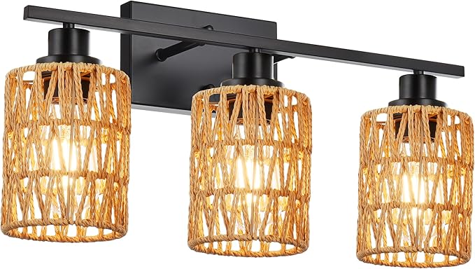 MELUCEE 3 Light Bathroom Vanity Light Rattan Wall Sconce 24 Inches Farmhouse Bathroom Light Fixtures with Rattan Lamp Shade, Black Finish, Suitable for Kitchen Hallway Living Room