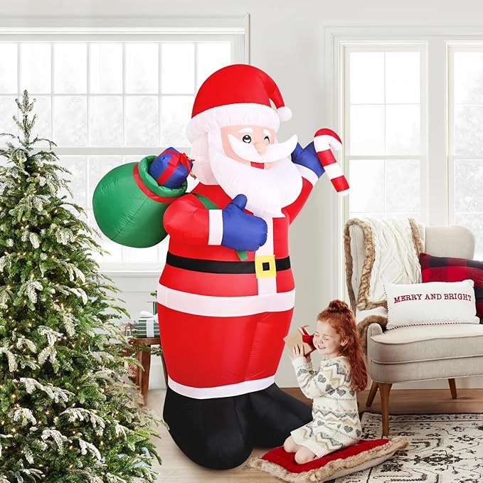 FRAMICS 8 FT Christmas Inflatable Santa Claus with Gift - Outdoor Decoration with LED Lights for Holiday Garden Lawn Party