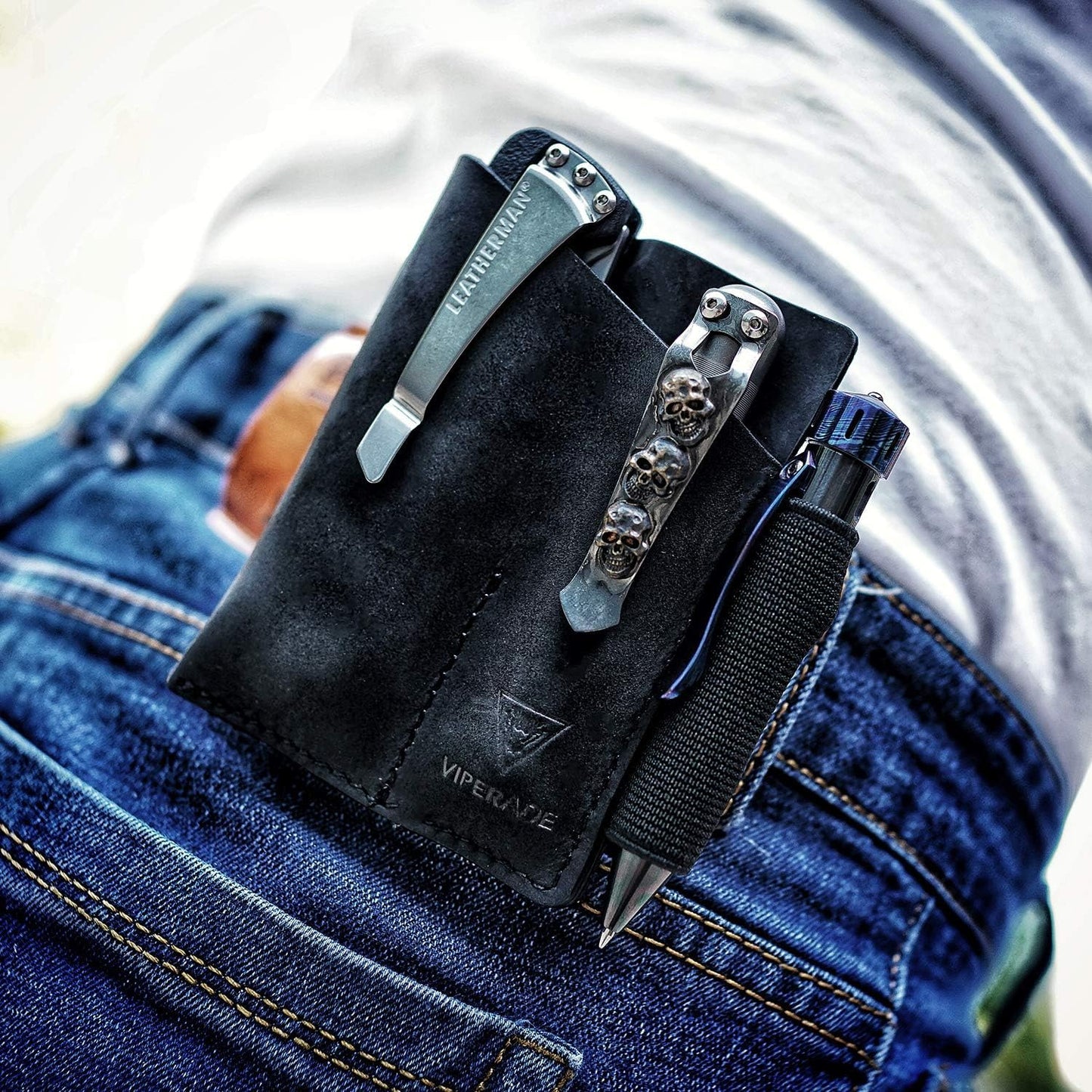 VIPERADE PJ12 Leather EDC Pocket Organizer for Belt, Multitool and Flashlight Holster, Leather EDC Holster with Pen Loop, EDC Leather Knife Sheath with Belt Clip