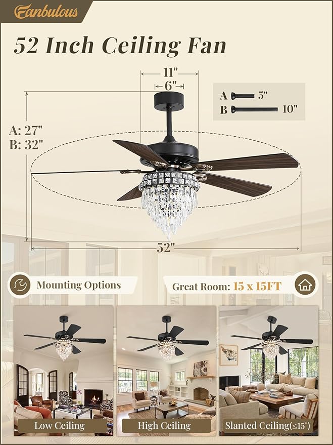 Fanbulous 52 Inch Farmhouse Fandelier Ceiling Fan with Light, Crystal Ceiling Fans Chandelier with 6 Speeds, Quiet Reversible Noiseless DC Motor, 3CCT, Indoor Ceiling Fan for Living Room Bedroom