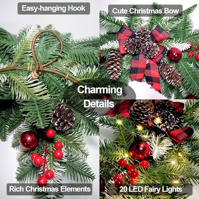 27.6" Christmas Swag with Lights Artificial Decorative Swag with Cute Bow Red Xmas Balls PineCones Red Berries Cedar Pine Swag Wreath Decoration for Front Door Table Window Stair Mantle Holiday Decor