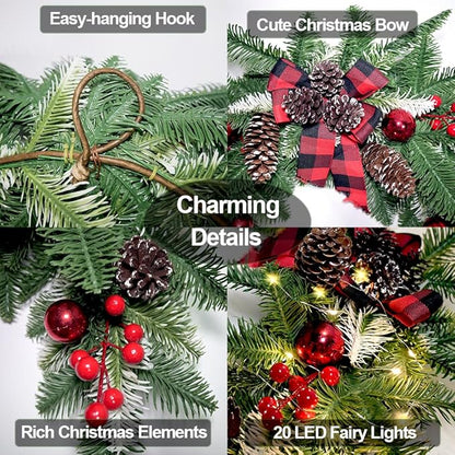 27.6" Christmas Swag with Lights Artificial Decorative Swag with Cute Bow Red Xmas Balls PineCones Red Berries Cedar Pine Swag Wreath Decoration for Front Door Table Window Stair Mantle Holiday Decor