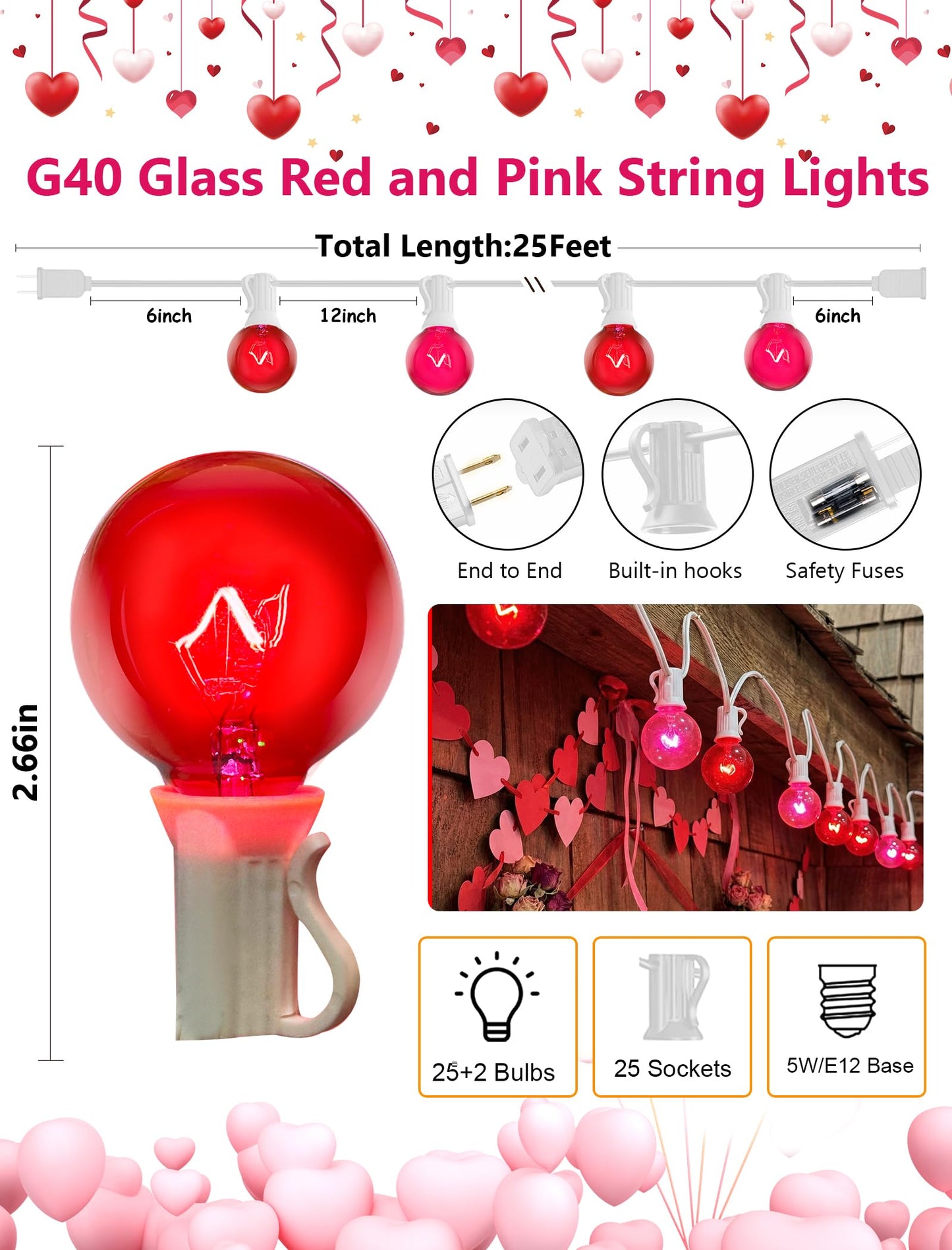 G40 Red and Pink Valentine’s Day String Lights, 25Ft Outdoor Valentines Day Decorations Lights with 27 Red & Pink Globe Bulbs,Hanging Patio Lights Waterproof for Christmas Wedding Party Garden Holiday
