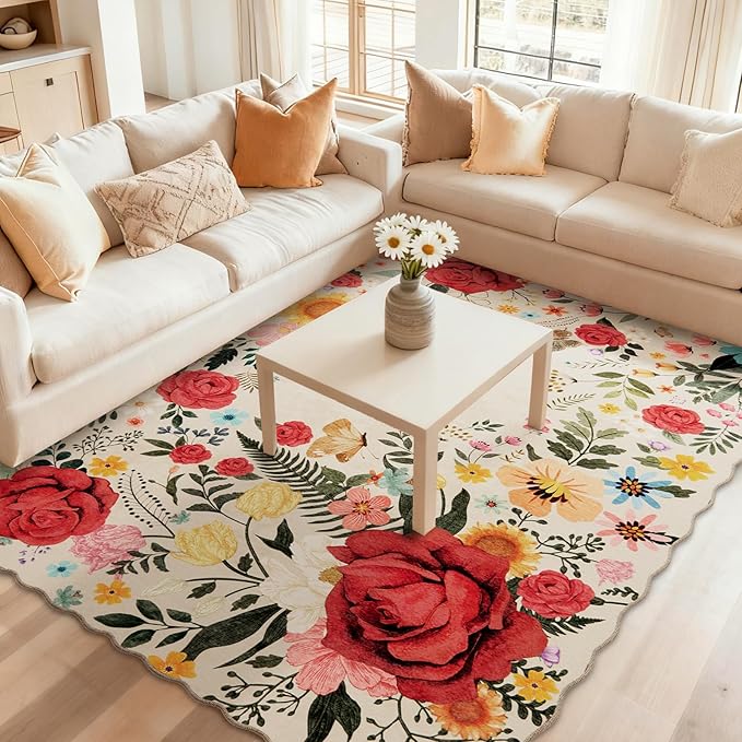 Washable Rugs for Living Room: 5x7 Area Rugs for Bedroom Soft Ultra Thin Stain Resistant Non Slip Low Pile Lightweight Vintage Floral Carpet for Dining Room Decor (Beige)