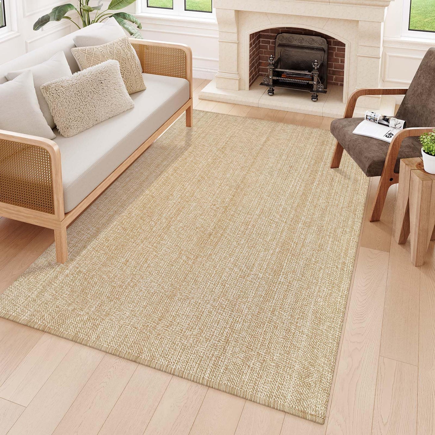 LEEVAN Boho Living Room Rugs 5X8 ft, Washable Area Rug Woven Cotton Modern Bedroom Rugs, Farmhouse Tan Braided Floor Carpet Rug for Dining Room Nursery Room Home Decor