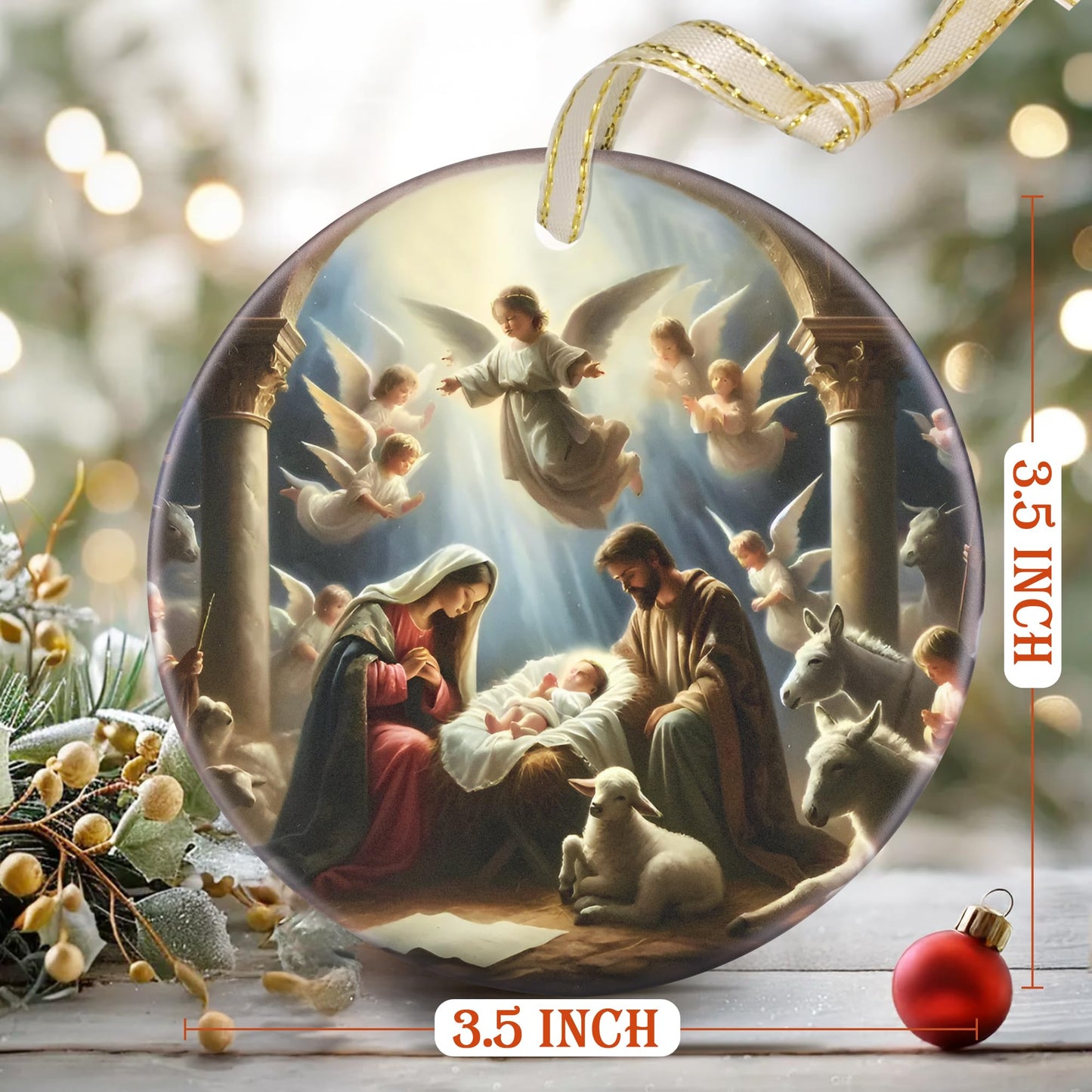 Nativity Christmas Decorations, 3.5 Inch Ceramic Religious Christmas Ornament, Christmas Tree Ornaments, Christian Gifts for Kids, Religious Gifts for Women, Xmas Gifts for Mom, Merry