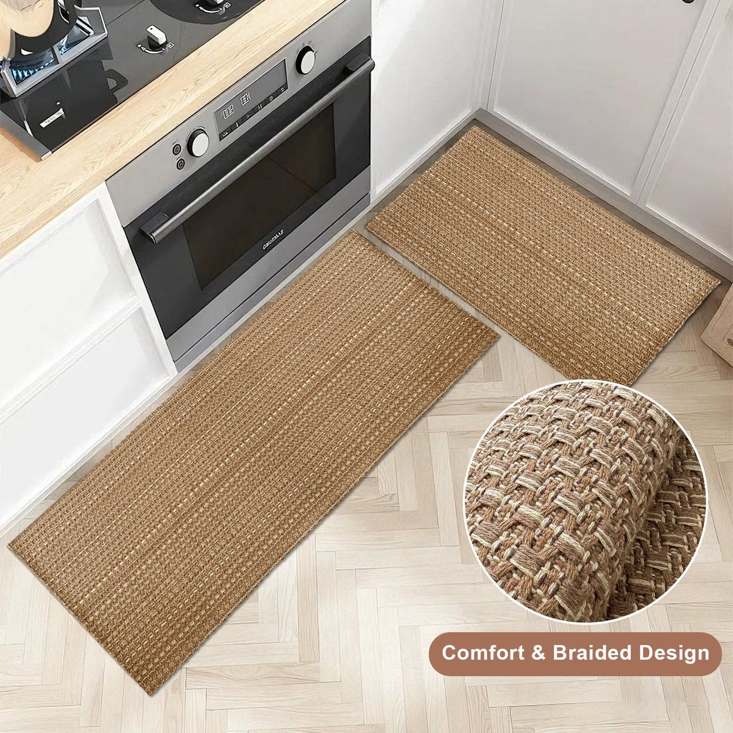 winolive Kitchen Rugs,Kitchen Mats for Floor,Non Slip Washable 20"x 30"+20"x 48" Neutral Braided Rug,Faux Jute Rug with Non Slip Backing for Kitchen,Solid,Easy Clean,Area Rugs Sets of 2Pcs,Tan Brown