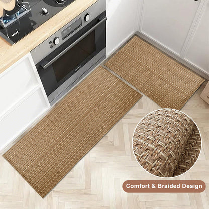 winolive Kitchen Rugs,Kitchen Mats for Floor,Non Slip Washable 20"x 30"+20"x 48" Neutral Braided Rug,Faux Jute Rug with Non Slip Backing for Kitchen,Solid,Easy Clean,Area Rugs Sets of 2Pcs,Tan Brown