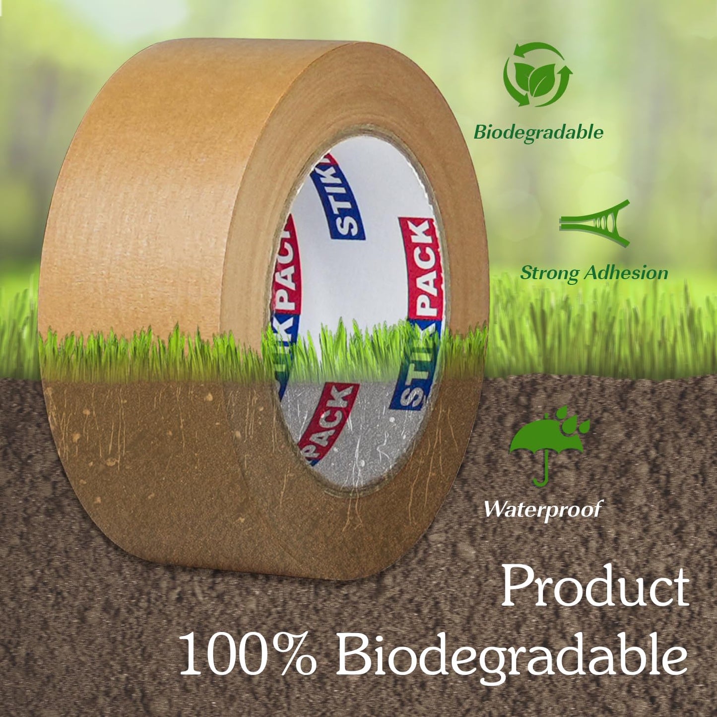 STIKPACK 3 Rolls, Kraft Paper Tape, Heavy Duty,50mm x 50m, Self-Adhesive and Easy to Tear,Eco-Friendly and Biodegradable, Writable,Uncoated, No Noise Paper Packaging Tape for Masking, Sealing,Packing