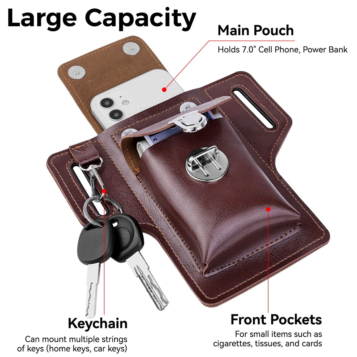 Leather Phone Holster for iPhone 17/16/15/14/13/12/their Pro & Pro Max, Belt Clip Cell Phone Case for Galaxy S25/S24/S23, Multitool Magnetic Closure Belt Pouch, Fits All Phones up to 7" (Ebony)