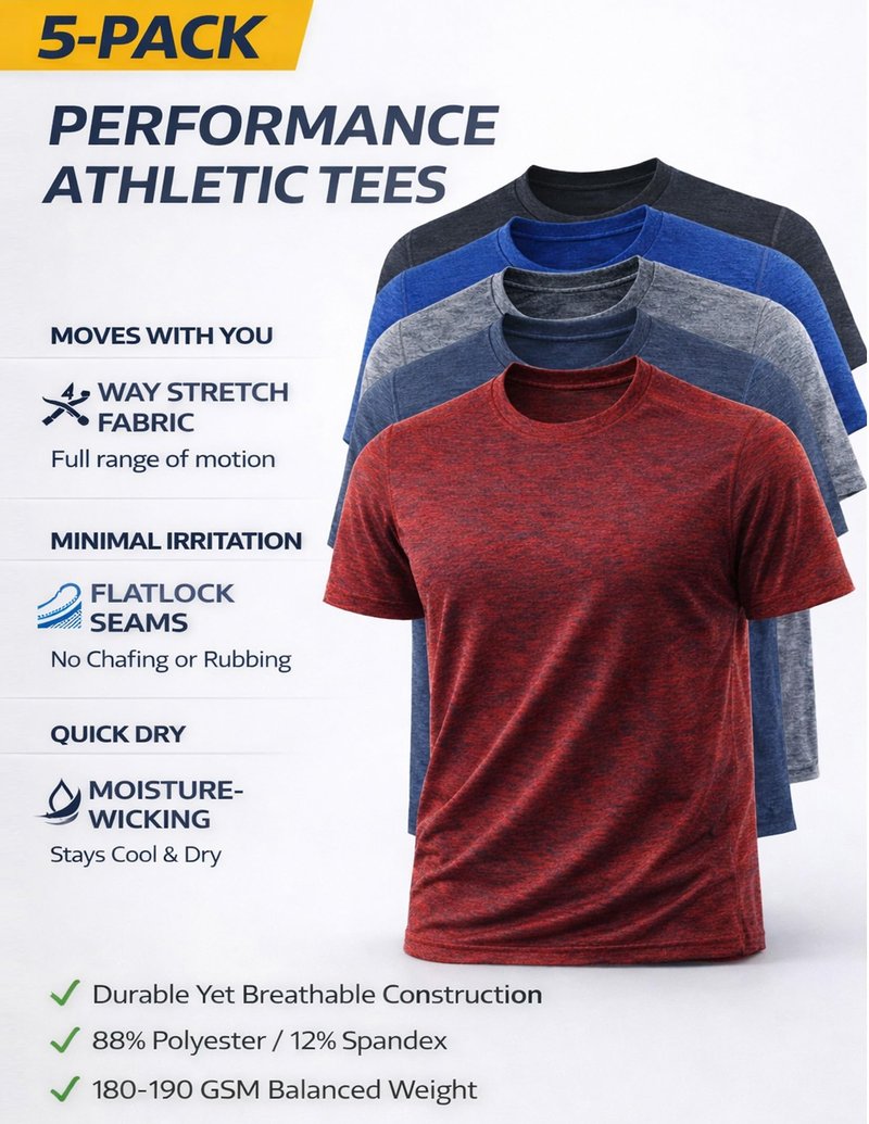 5 Pack Men’s Active Quick Dry Crew Neck T Shirts | Athletic Running Gym Workout Short Sleeve Tee Tops Bulk (Set 1, 4X-Large)