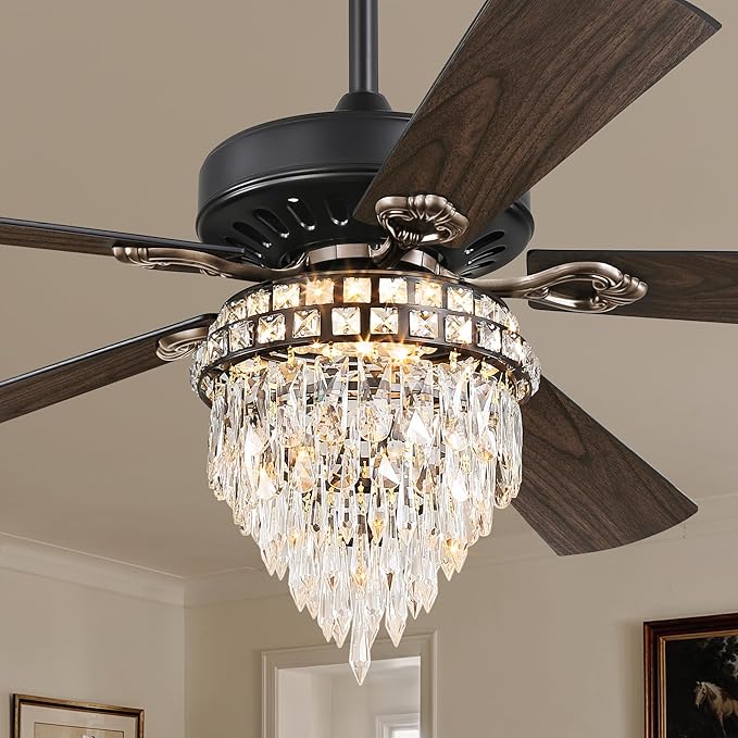 Fanbulous 60 Inch Farmhouse Fandelier Ceiling Fans with Light, Crystal Ceiling Fan Chandelier with 6 Speeds, Quiet Reversible Noiseless DC Motor, 3CCT, Indoor Ceiling Fan for Living Room Bedroom