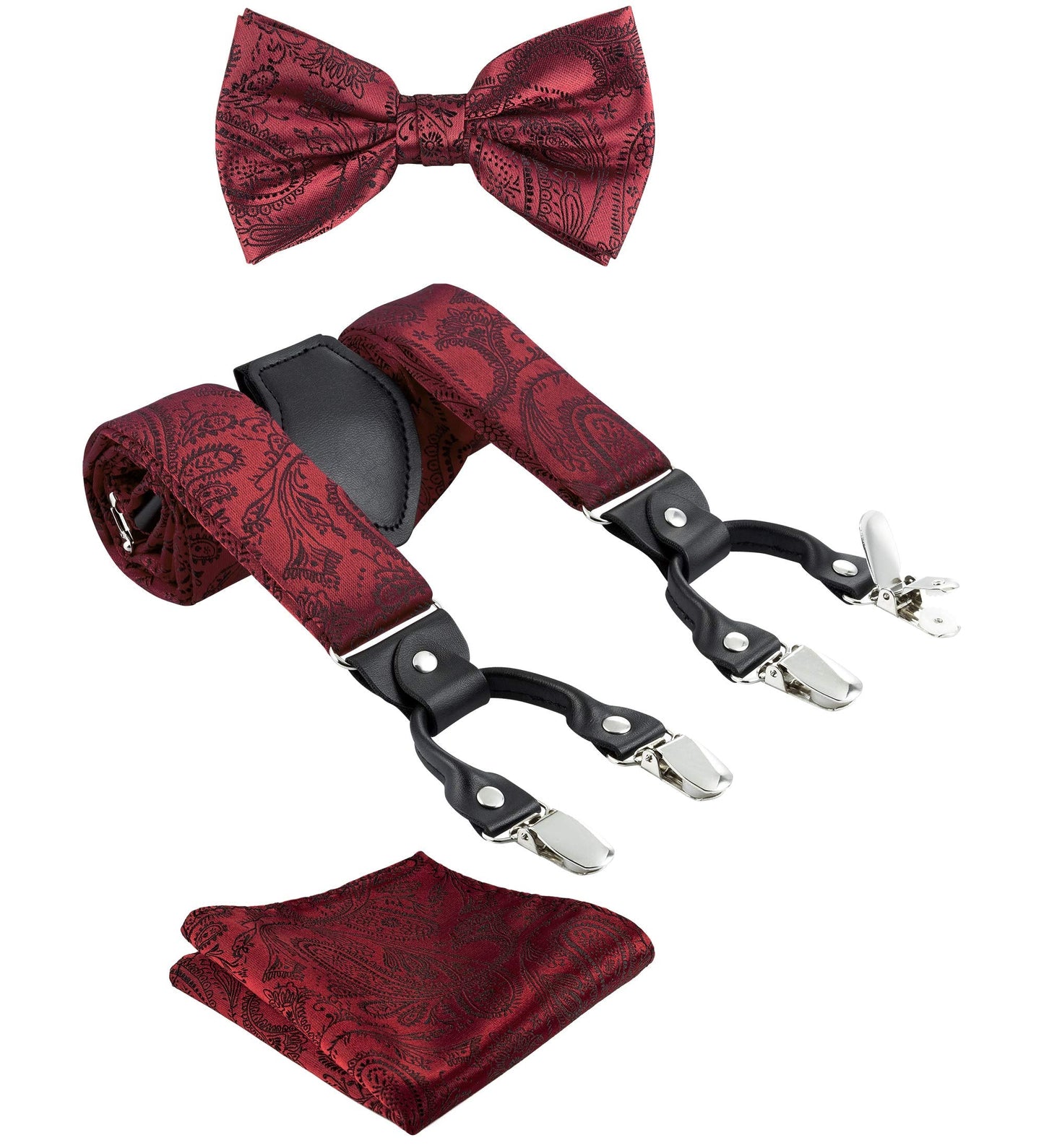 TIE G Paisley Suspender, Bow Tie, Pocket Square Set for Men's Tuxedo Suspenders : Adjustable Braces, Strong Enhanced 6 Clips (A Wine Paisley)