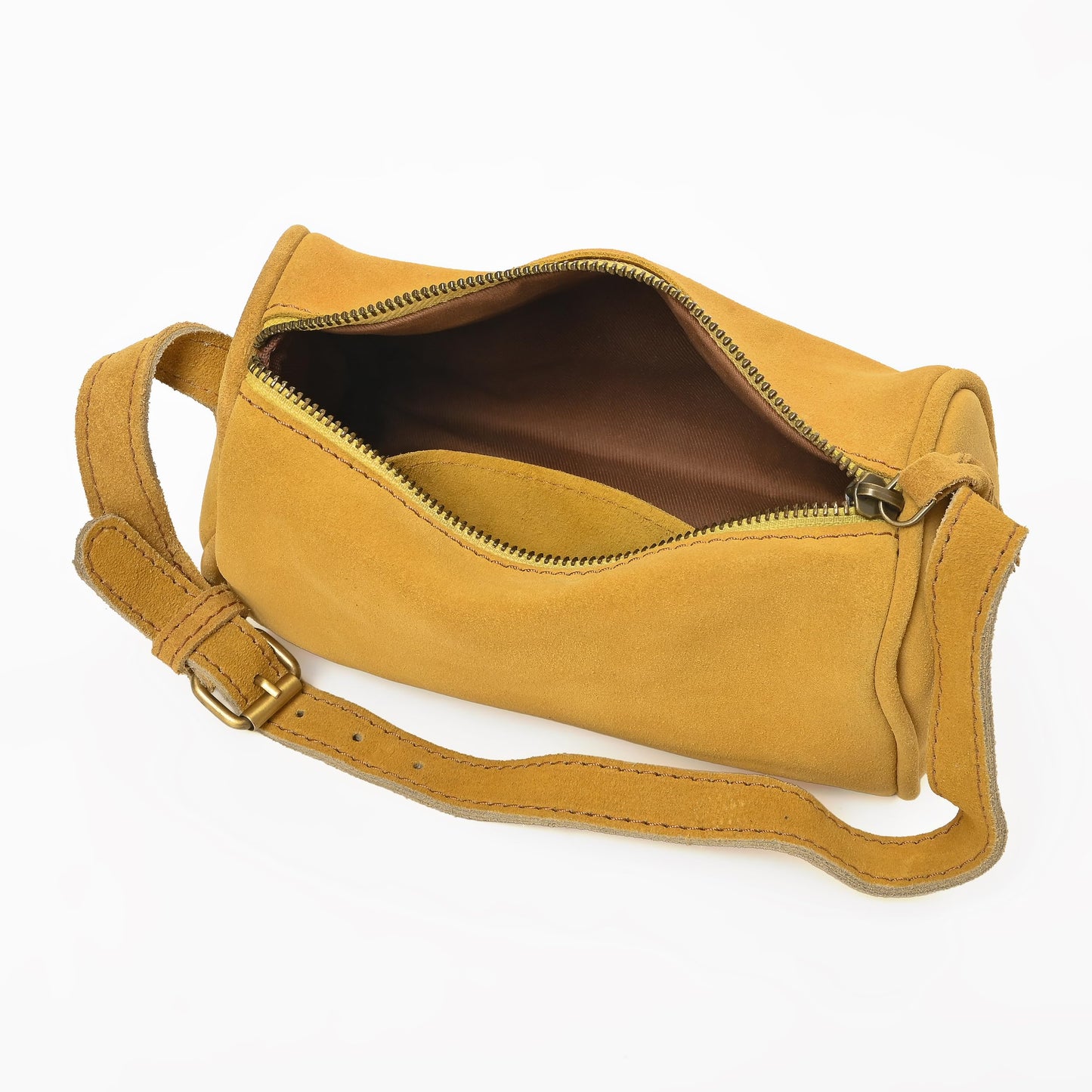 Merbaa Leather Cosmetic Bag for Women with Zipper Closure & Shoulder Strap, Small Genuine Suede Makeup Pouch Organizer Travel Toiletry Case Crossbody Sling Purse. Tan