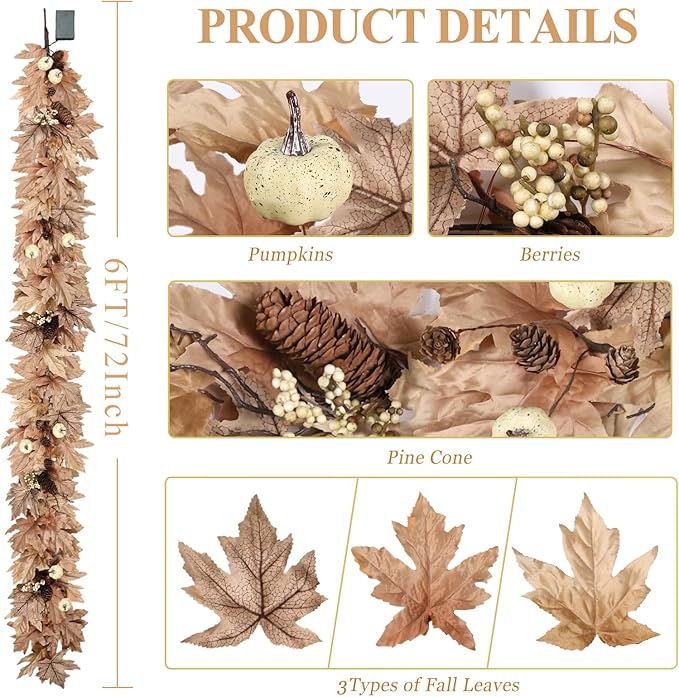 6 FT Fall Garland with Lights Timer Function Autumn Fall Leaves Garland with Berries Pine Cones Pumpkins Realistic Automatic ON/Off Timer Fall Decorations for Home Mantle Fireplace Porch Door Table