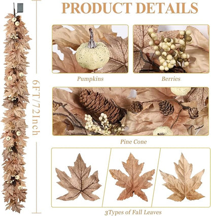 6 FT Fall Garland with Lights Timer Function Autumn Fall Leaves Garland with Berries Pine Cones Pumpkins Realistic Automatic ON/Off Timer Fall Decorations for Home Mantle Fireplace Porch Door Table