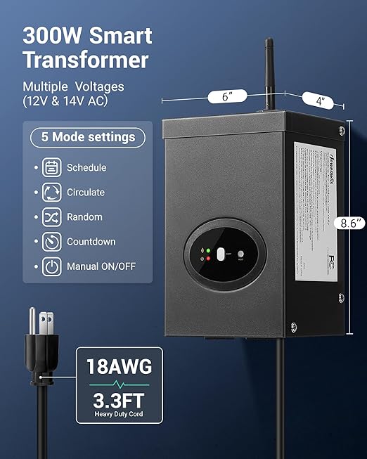 DEWENWILS 300W Smart Low Voltage Transformer, Compatible with Alexa and Google Home, 120V AC to 12V AC for LED Landscape Lights, Outdoor Lighting, ETL Listed, Waterproof, Schedule and Timer