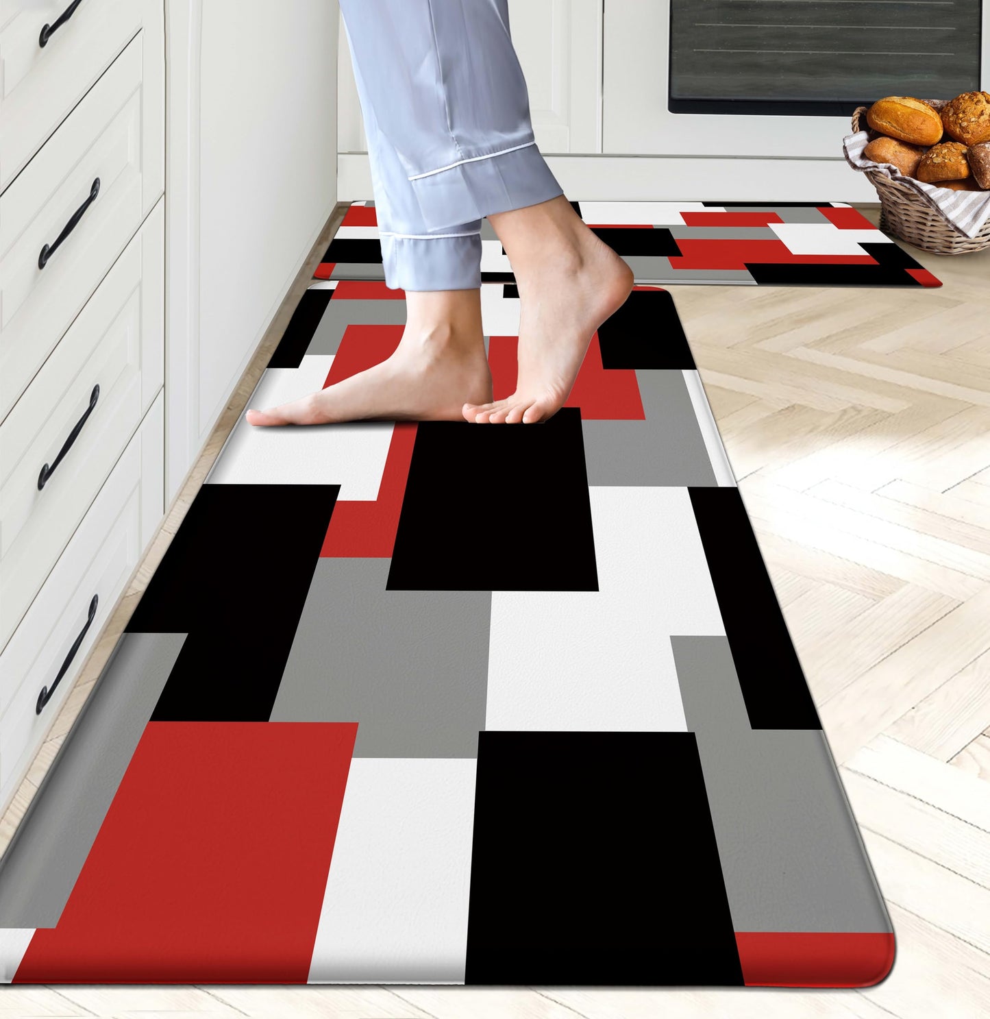 Tyrot Red Black Kitchen Rugs Set of 2 Cushioned Anti Fatigue Kitchen Mats for Floor Non-Slip Waterproof Kitchen Floor Mats Geometric Ergonomic Cushioned Comfort Standing Mat for Laundry, Office, Sink