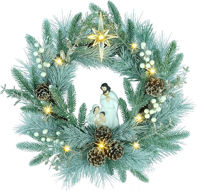 YULETIME 20" Pre-Lit Nativity Wreath, Battery Operated with 10 Fairy Lights, Holy Family Nativity Statue, Star of Bethlehem, Pine Cones, White Mistletoe, Frosted Spruce Branches (Nativity Frosted)