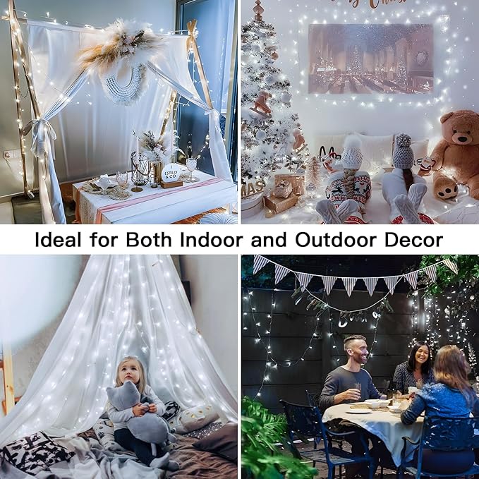suddus 66ft 200 LED White String Lights with Timer, 12 Modes Christmas Fairy Lights Plug in, Connectable Indoor/Outdoor White Twinkle Lights for Xmas Tree, Bedroom, Garden, Wedding, Party Decorations