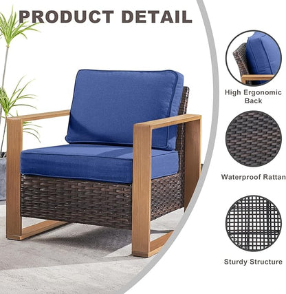 Rilyson Wicker Outdoor Patio Chairs Set of 2, Rattan Patio Furniture Chairs with Sturdy Frame,All-Weather PE Wicker,Wide Armrest,Deep Seating and Thick Cushions for Deck Porch Garden(Brown/Blue)
