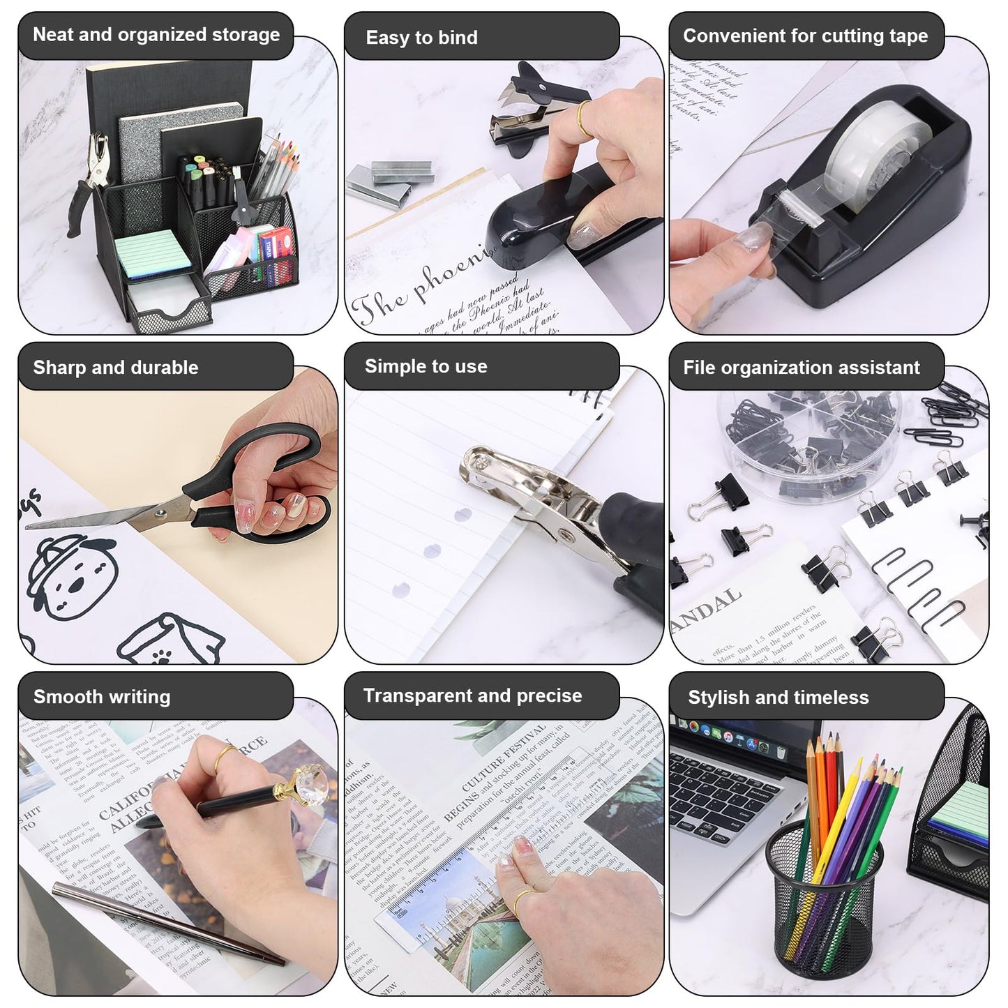 SYMDROMIA 13-in-1 Office Desk Organizer Set with Stapler and Tape Dispenser, Pen Holder, Scissors, Ruler, Hole Punch, 2 Pens & More Desktop Accessories for Back to School Supplies (Black)