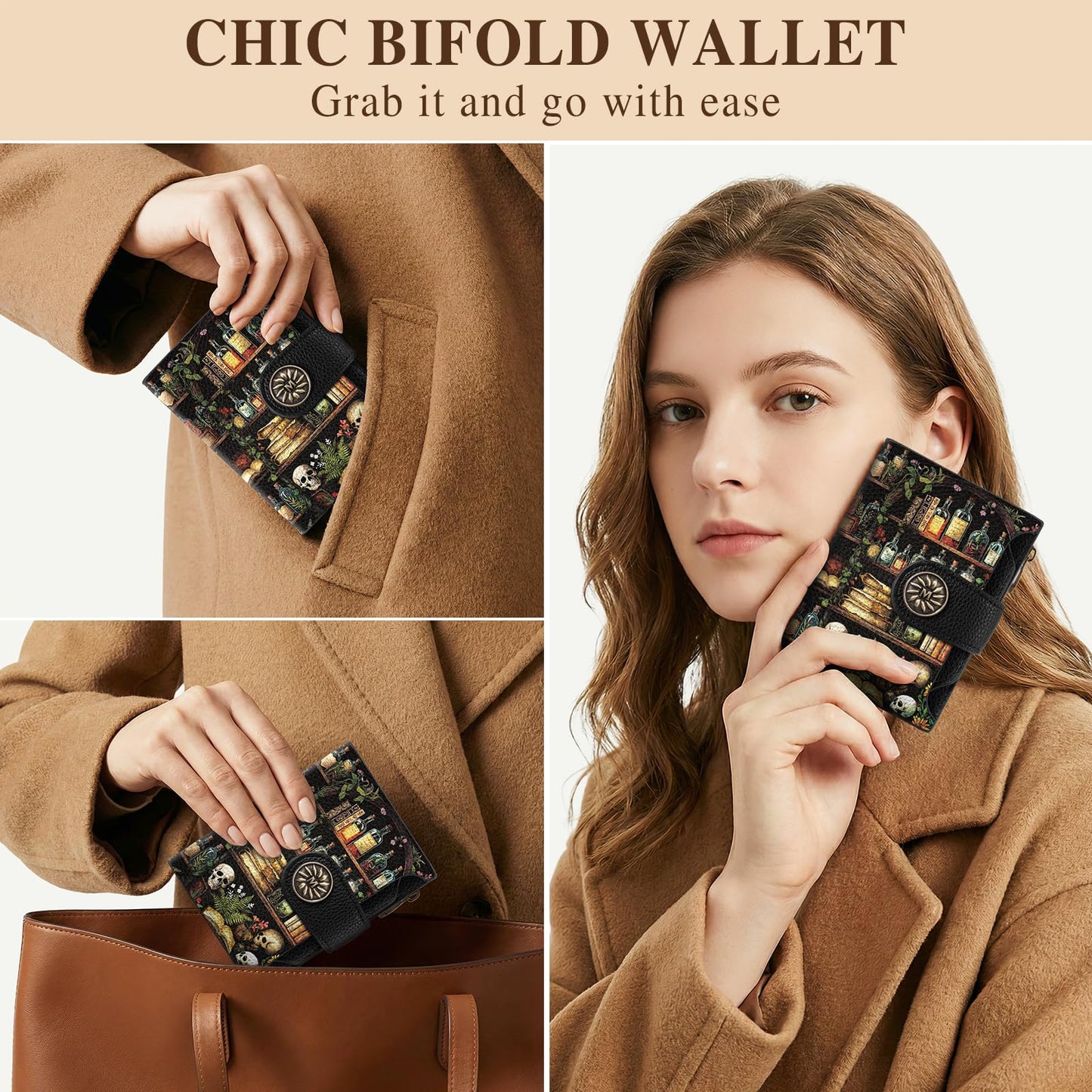 Mayski Skull Bookshelves Gothic Small RFID Wallet Women, PU Leather Bifold Zipper Coin Pocket Compact Cash Credit Card Holder Purse, Cute Travel Wallet for Ladies Teen Girls, 4 ID Window 14 Card Slots