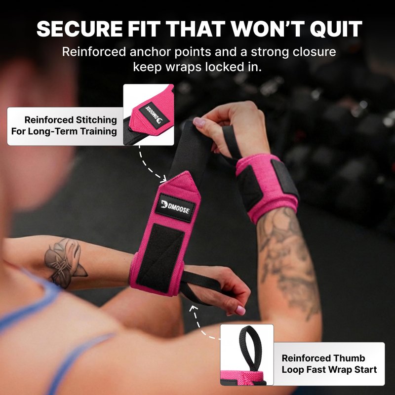 DMoose Wrist Straps for Weightlifting 12 and 18 Inches Thumb Loops with Wrist Support for Workouts Powerlifting Wrist Straps for Weight Lifting Men and Women Pink