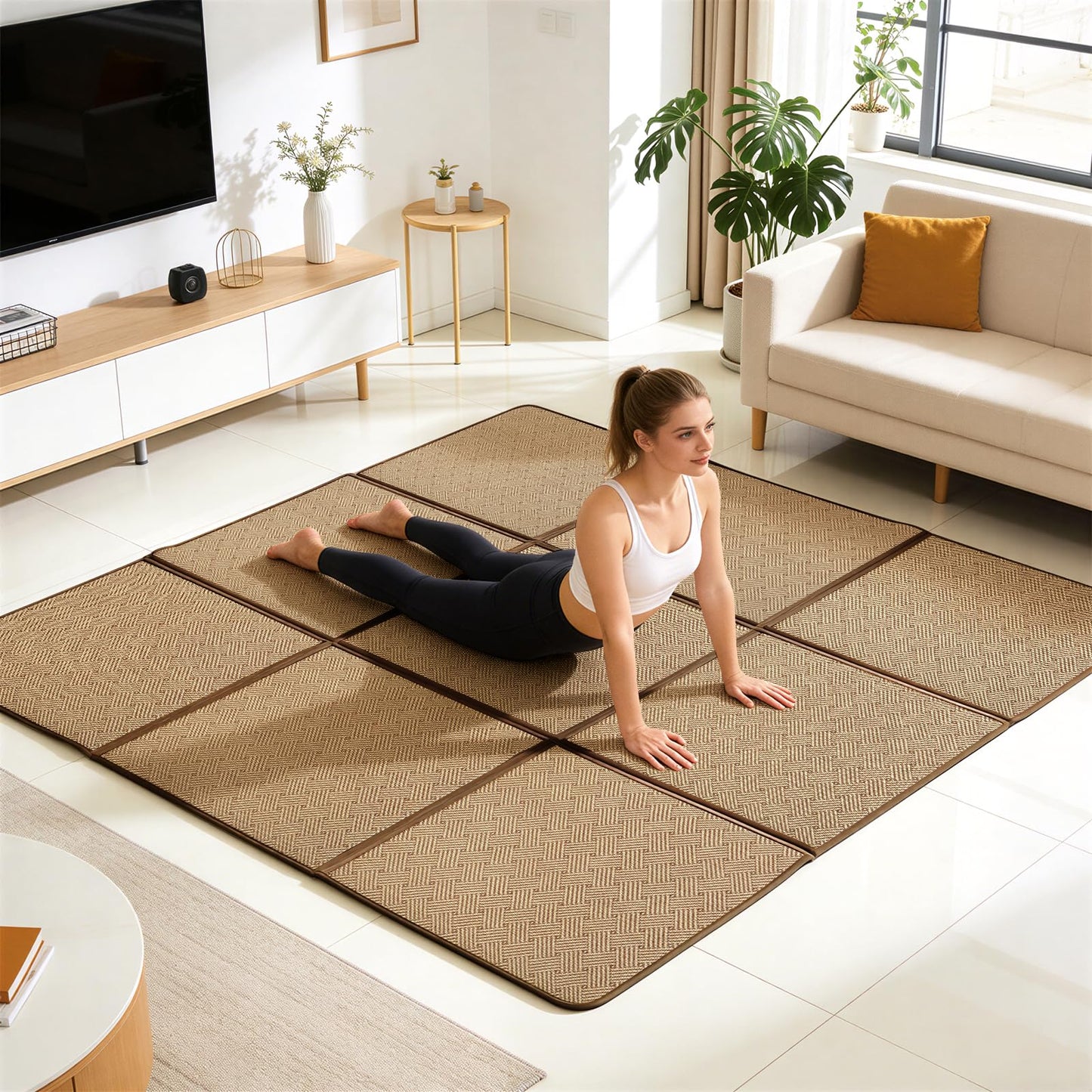 71'' x 71'' Large Japanese Tatami Mat, 0.47'' Thickness Foldable Rattan Japanese Floor Mats with Storage Bag, Non-Slip Breathable Memory Foam Area Rug Living Room Bedroom Yoga