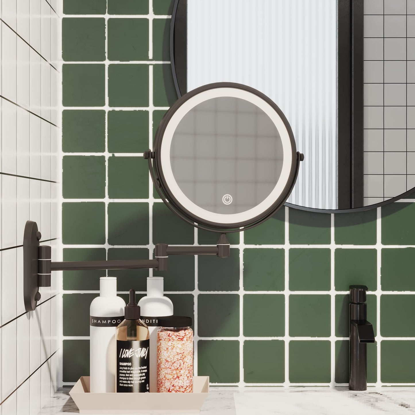 Ruacq Rechargeable Wall Mounted Makeup Mirror with Lights, Double Sided 1X/10X Magnifying Vanity Mirror with 3 Color Lighting, Touch Screen Dimmable, 360° Rotation Extension Foldable Arm(Matte Black)