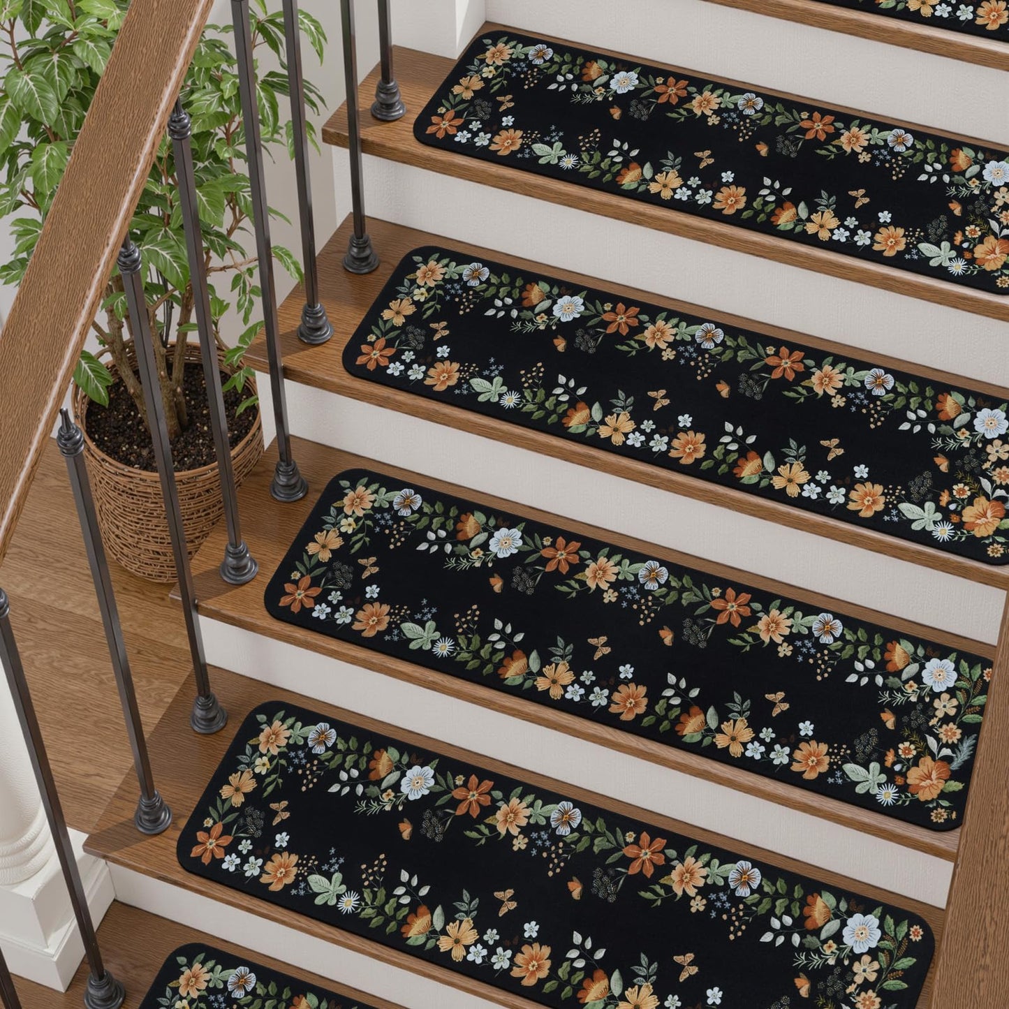 OJIA Floral Stair Treads Non-Slip Carpet Stair Treads for Wooden Steps Indoor 15PCS 30"x8" Stair Runner Stair Mats Staircase Step Treads for Kids, Elders and Dogs, Stair Covers, Black