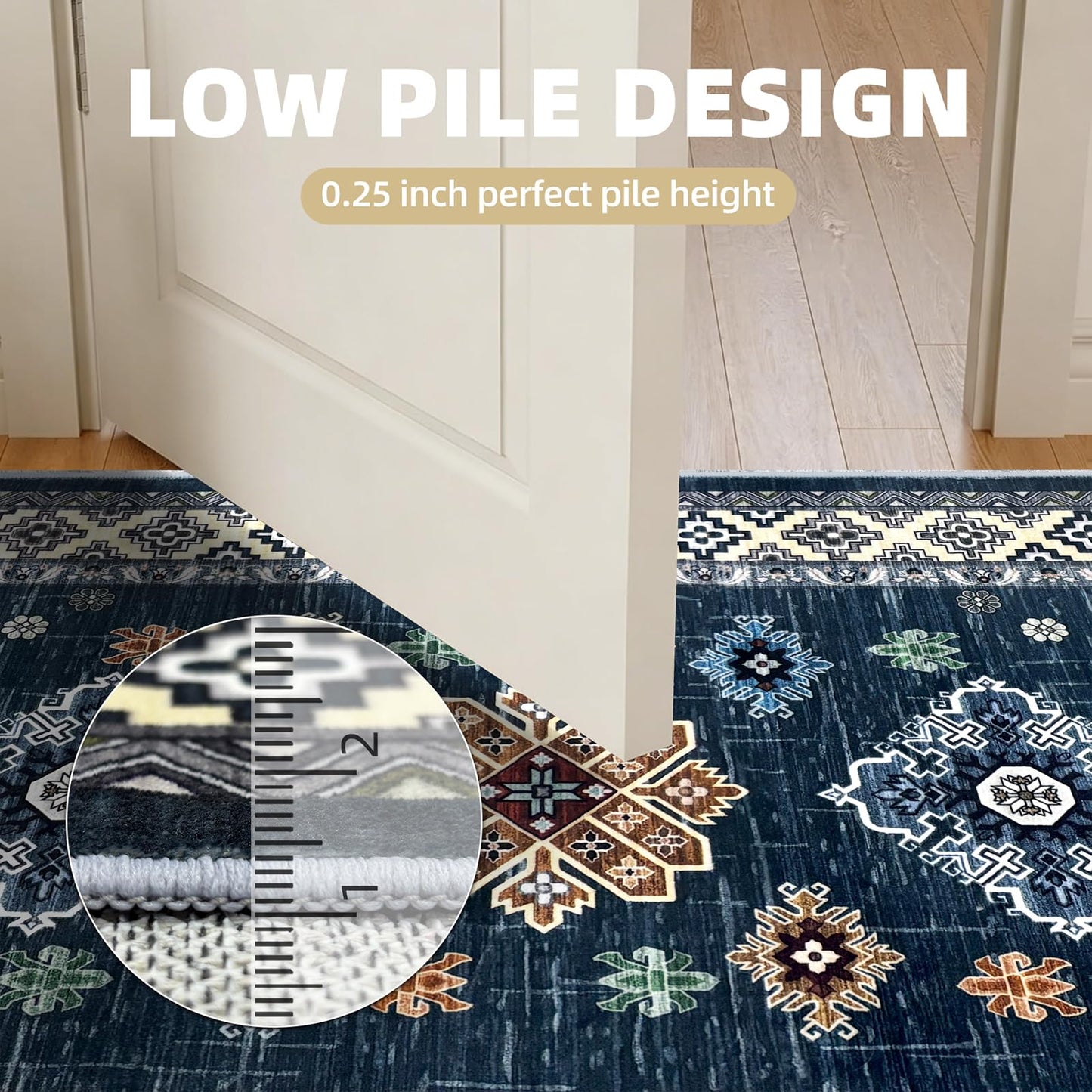 Mordem Blue Runner Rug 2x8, Non Slip Low Pile Stain Resistant Boho Washable Hallway Runner Rugs for Kitchen Bedroom Beside Laundry Room Bathroom Rug, Pet & Kids Friendly