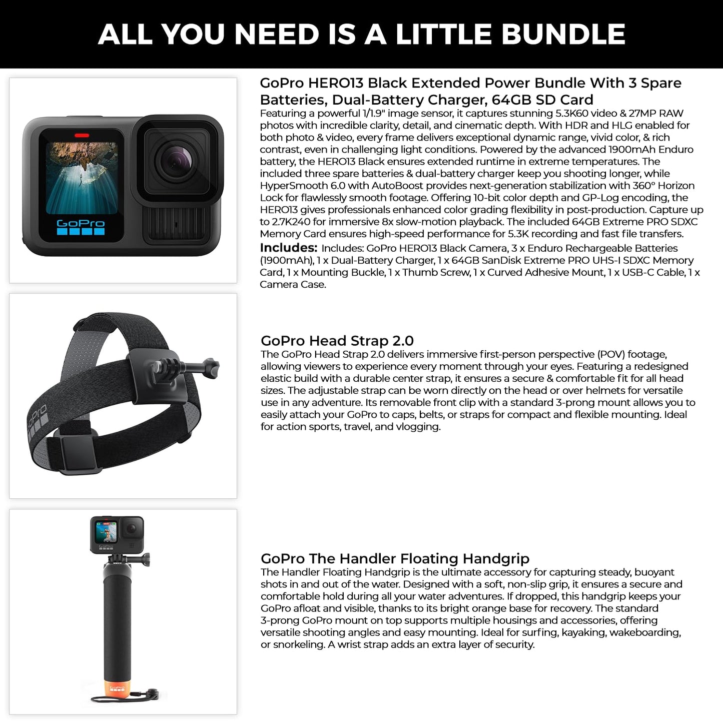 GoPro HERO13 Black Camera with 3 Enduro Batteries | Waterproof 5.3K60 Action Camera with Dual-Battery Charger & SanDisk 64GB Extreme SD Card | Head Strap 2.0 and Handler Floating Handgrip, Bundle Kit