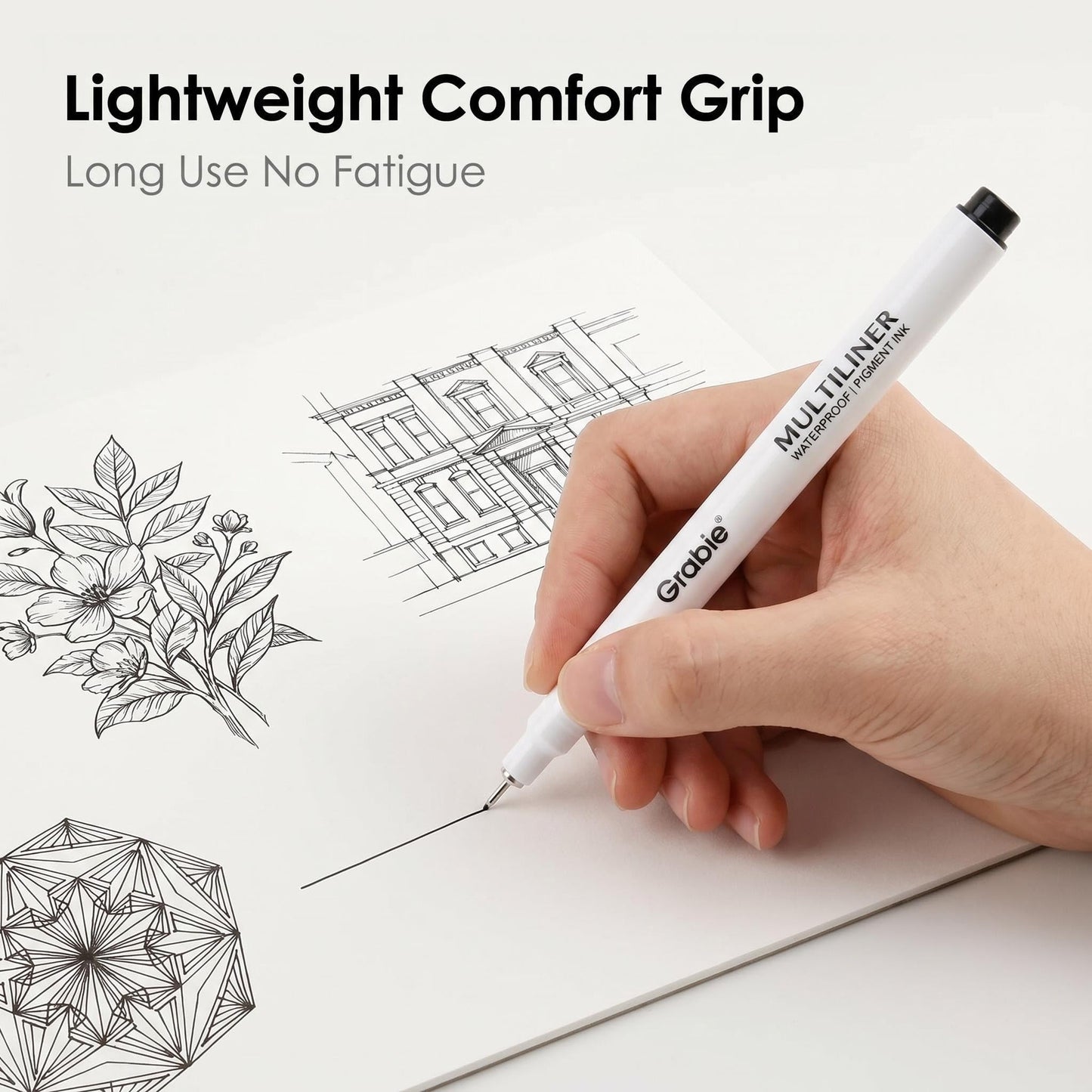 Grabie Micro Finerliner Pens, 6 Archival Black Ink Waterproof Drawing Pens, Assorted Point Sizes for Sketching, Illustration, Journaling, Art Supplies