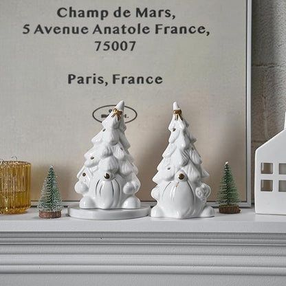 Lighted Christmas Gnome Decoration, 2Pcs White Gnomes Ceramic Christmas Tree with Gold Trims, Small Light Up Gnome Figurines for Prelit Xmas Holiday Table Fireplace Decor