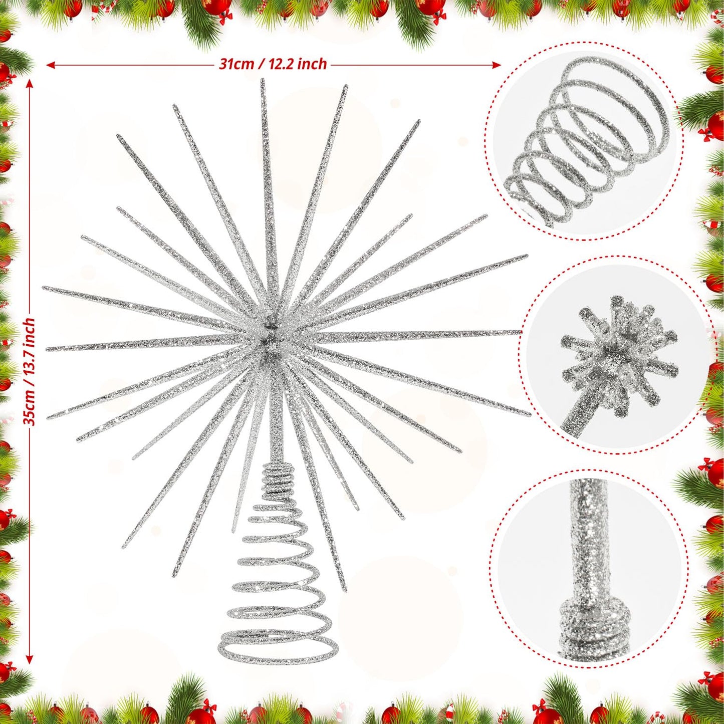 13.7 Inch Silver Christmas Tree Topper - 3D Burst Silver Tree Topper, Exploding Star Christmas Tree Decorations