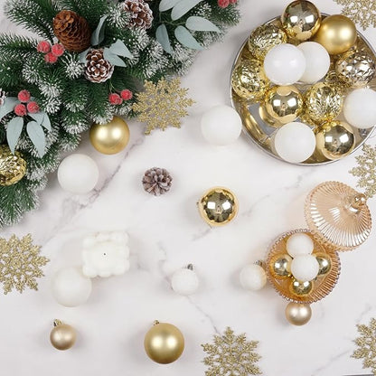 SY CRAFT 86 Pieces of Assorted Shatterproof Christmas Ball Snowflake Ornaments Seasonal Decorative Hanging Ornament Set with Hand-held Gift Package for Xmas Tree Decorations (86PCS, Gold)