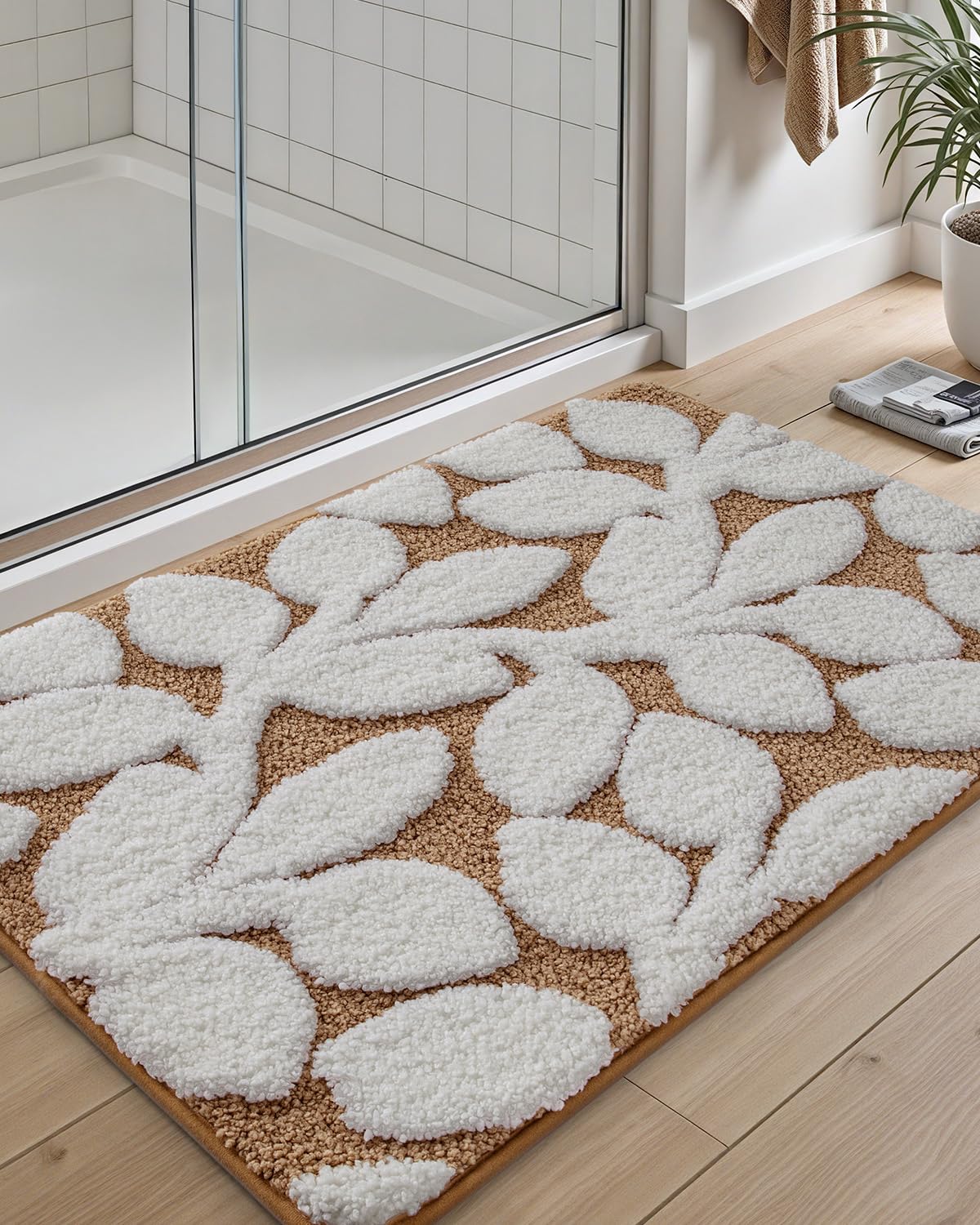 DEXI Bathroom Rugs 24x16, Boho White Leaf Bath Mat, Non Slip Washable Absorbent Quick Dry Bath Rugs, Extra Soft Plush Microfiber Bathmat for Shower Floor, Tub, Sink, Brown