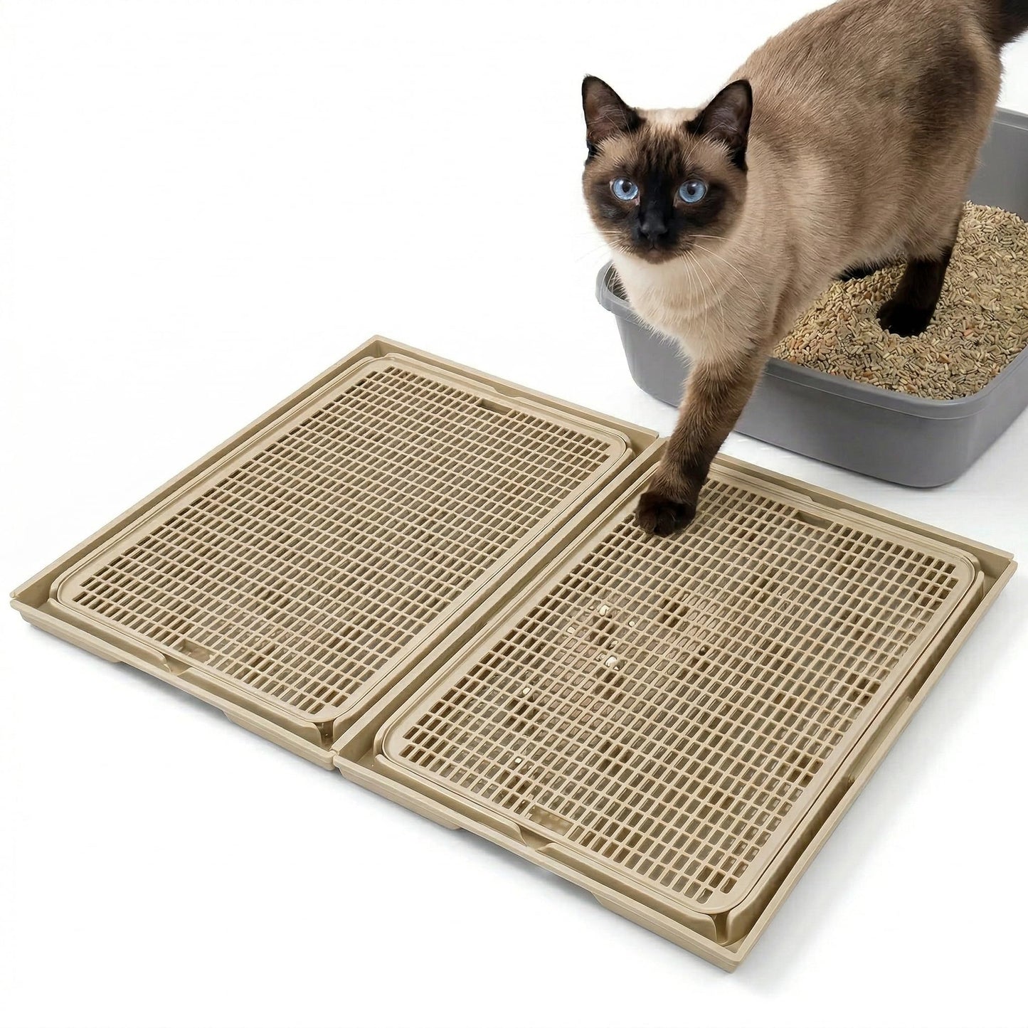 BonHautier 2 Pcs Cat Litter Mat, Double Layer Litter Trapping Mat with Connectable Design, Waterproof Urine Proof Cat Mat, Easy Clean Litter Box Mat for Indoor Cats (Khaki)