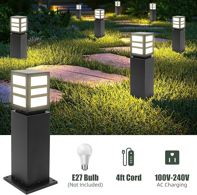 Landscape Path Lights 24" IP65 Waterproof Bollard Lights, Heavy Duty Steel Stable Widened Base E27 Lamp Holder, Modern Outdoor Path Lights Bollard for Lawn, Patio, Courtyard, Driveway, Oblong 1pack