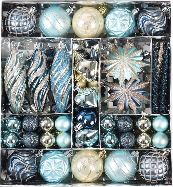 82Pcs Blue and Gold Christmas Ornaments Set,Plastic Assorted Christmas Decorations for Tree Shatterproof Baubles Snowflake Xmas Ball Ornaments for Holiday Party Decor (Blue&Gold)